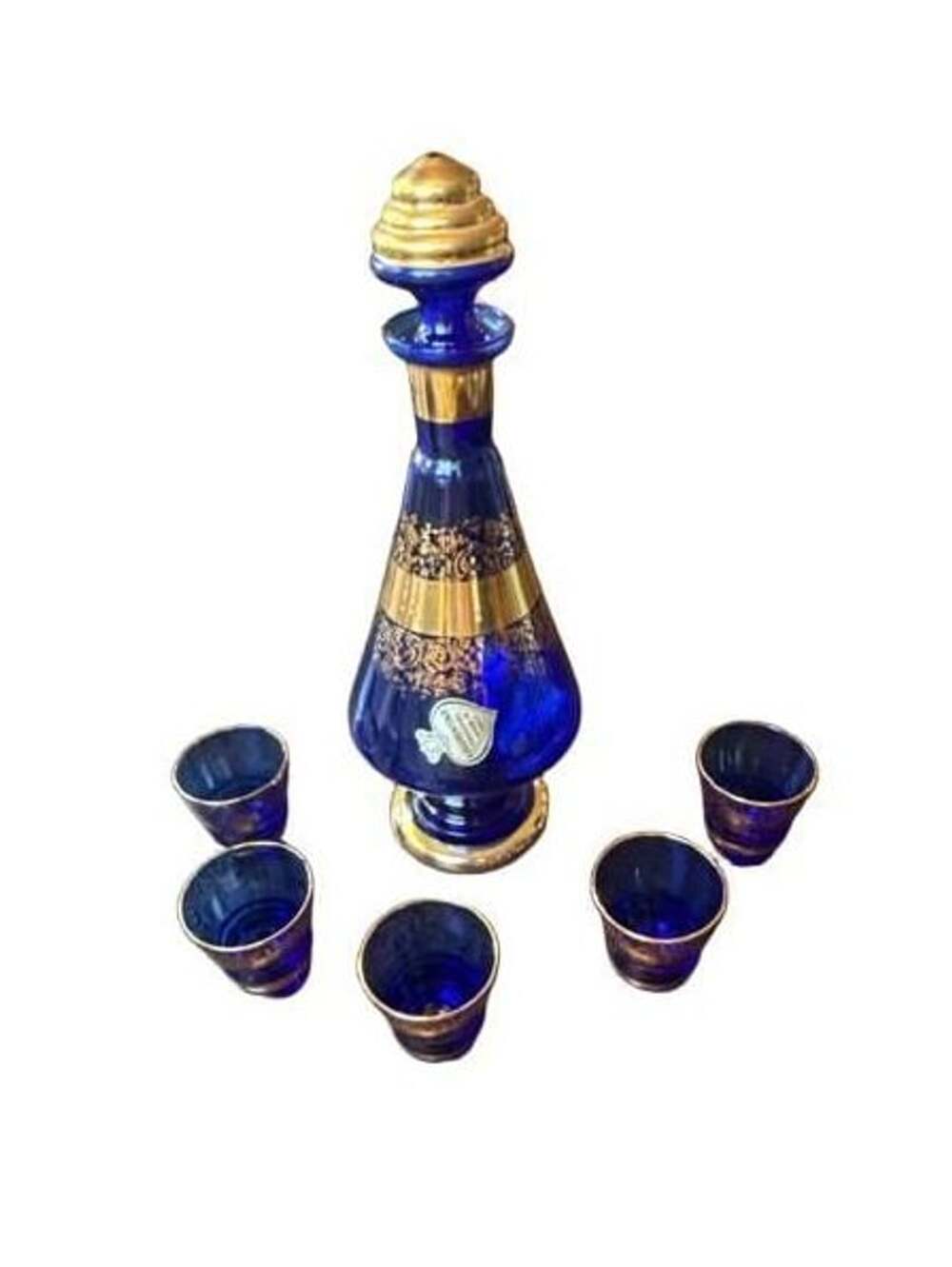 Florentine Decanter Set Cobalt Blue Gold Trim, Glass Stopper and 5 Cups